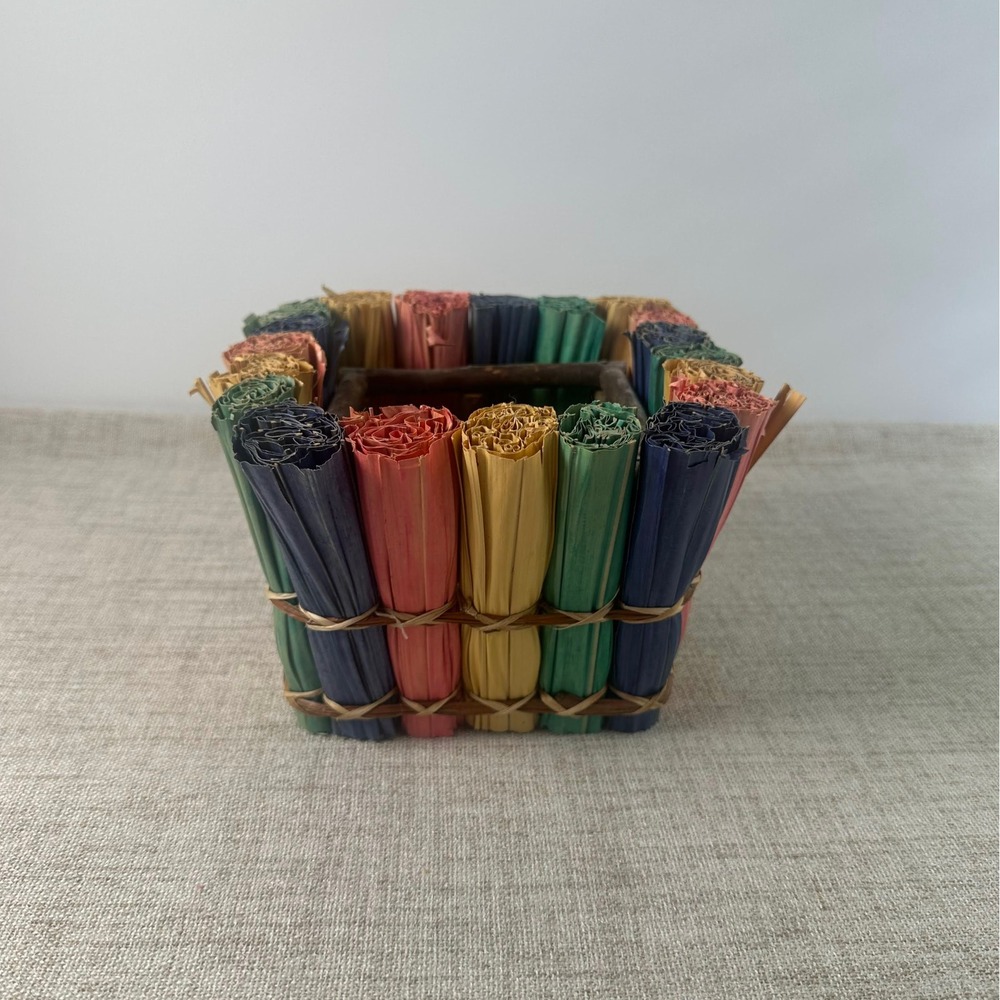 Handmade Woven Twig Planter Cachepot w/ Colorful Palm Leaf Accents